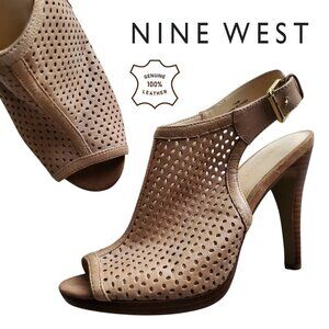 NINE WEST Perforated Leather Stacked Heel Peep Toe High Vamp Buckle Back Sandals